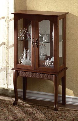 New Beautiful Wood Curio Cabinet With Glass Doors, Glass Shelves and Mirrored Back