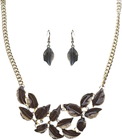 Crystalbella Beautiful Enamel Metal Leaf Design Bib Style Necklace Jewelry Set