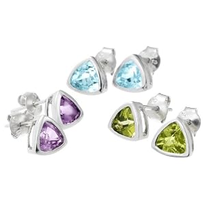 Sterling Silver Peridot, Amethyst and Blue Topaz Gemstone Stud Earring Set
