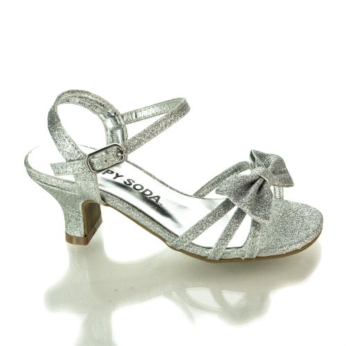 Children's Metallic Glitter Open Toe Bow Slingback Small Block Heel Sandals