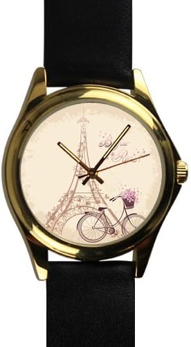 Popular Watch Eiffel Tower Bycicle Art Unisex -tone Round Leather Metal Watch