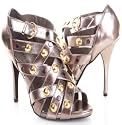 Shoehorne Womens Grey Pewter Gladiator High Heel Shoes w/ Gold Studs