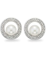 0.04 Cts Diamond & 5 mm Pearl Earrings in 14K White Gold