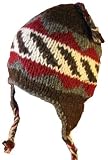 WOOL CHULLO FLEECE LINED SKI HAT TOQUE WITH EAR FLAPS WINTER KNIT BEANIE MOUNTAINEERING SKULL CAP (MAROON / GREY / IVORY - BROWN DIAGONAL)