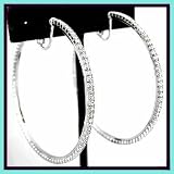 Big Bling Hip Clips! 70 mm 2.75 Crystal Ice Clip-On Hoop Earrings Silver Finished