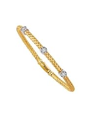 .925 Sterling Silver Basketweave with Diamond Accents Yellow Gold Overlay Bangle Bracelet 7 1/4" 0.06ct