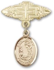 Gold Filled Baby Badge with St. Cecilia Charm and Badge Pin with Cross. Catholic Saint Cecilia Patron Saint of Musicians, Music, Music Players, Composers, Vocalists