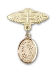 14K Gold Baby Badge with St. Cecilia Charm and Badge Pin with Cross