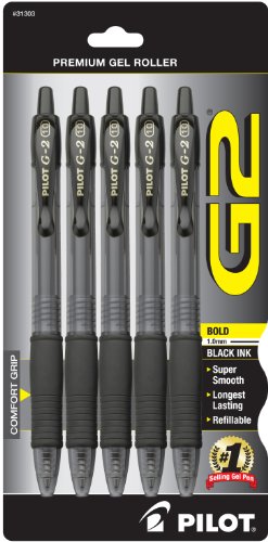 Pilot G2 Retractable Premium Gel Ink Rolling Ball Pen, Bold Point, 5-Pack, Black Ink (31303)