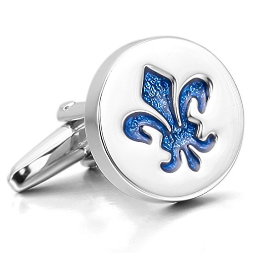 Men's 2 PCS Rhodium Plated Enamel Cufflinks Silver Tone Blue Knight Fleur De Lis Shirt Wedding Business 1 Pair Set