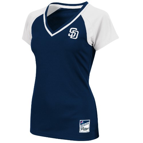MLB San Diego Padres Women's Short Sleeve Raglan Deep V-Neck Synthetic Tee (Athletic Navy/White/White, Large)