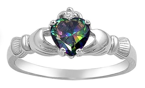 Sterling Silver Claddagh Friendship & Love Mystic Rainbow Simulated Topaz Color Heart Cubic Zirconia Ring