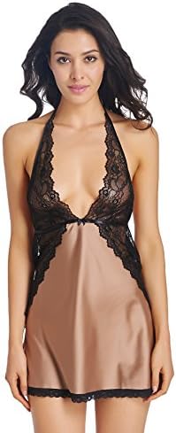 Vadoria Lady`s Lace Satin Backless Halter Deep V-neck Splicing Nightdress G-String (Small, Brown)