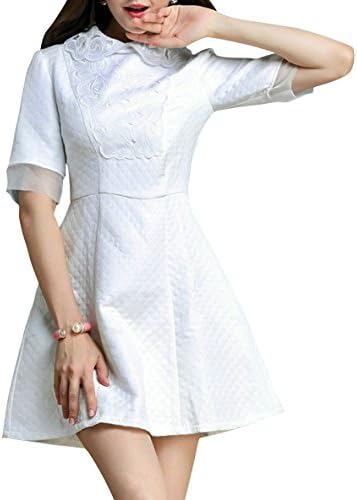 Keepinmind Women's Half Sleeve Tunic Splice Tulle A-Line Skater Dress White L