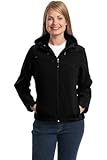 Port Authority Ladies Textured Hooded Soft Shell Jacket, X-Large, Black/Engine Red