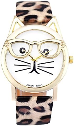 Omita® Women's Cute Glasses Cat Leather Analog Quartz Dial Wrist Watch (Khaki)