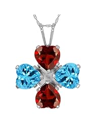 3.80 Ct Heart Shape Red Garnet Swiss Blue Topaz 925 Sterling Silver Pendant 18"