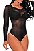 Pink Queen Women's Sexy Bodycon Sheer Mesh Long Sleeve Bodysuit Jumpsuits