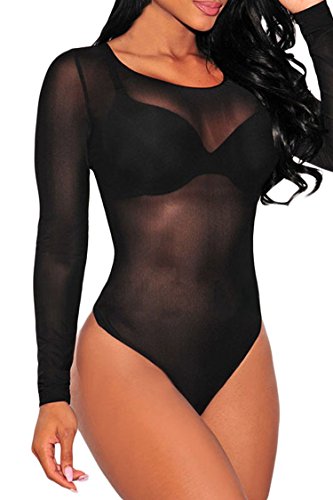 Pink Queen Women's Sexy Bodycon Sheer Mesh Long Sleeve Bodysuit Jumpsuits