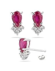 0.06 Cts Diamond & 1.02 Cts Ruby Stud Earrings in 14K White Gold