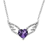 Sterling Silver Heart Shape Amethyst with Diamond Winged Necklace (.05cttw, I-J Color, I3 Clarity), 18"