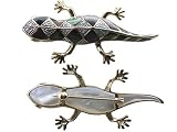 Black Mother Of Pearl Gecko Brooch with Diamonds, 14k Gold