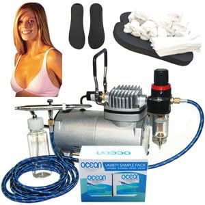 Complete Professional Turbo Tan Airbrush Sunless Tanning System with Ocean DHA Solution Sunless Tanning Variety Sampler Pack (4 Solutions - 1 Pint Total) and Accessories