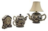 Vintage White Flower Desk Lamp, Clock and Tea Pot