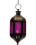 Purple Glass Hanging Moroccan Candle Lantern with Chain