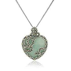 Sterling Silver Marcasite & Jade Heart Pendant, 18" Sterling Silver Marcasite & Jade Heart Pendant, 18"