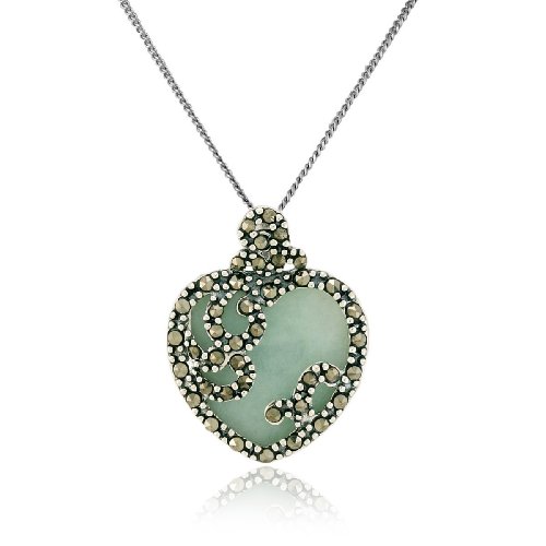 Sterling Silver Marcasite and Jade Heart Pendant, 18″