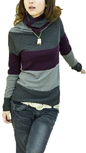 シャンディニー(Chandeny) カジュアル ! タートル ネック 配色 切り替え 薄 ニットパープル 大人 レディース ファッション (パープル ＆ グレー)