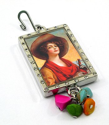 Gorgeous 2 Sided Retro/Old Fashion Lady in Hat & Western Man on Horse Photo Shadow Box Pendant with Hook, Genuine Stones & Ice Crystals Silver Tone