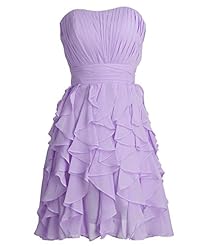 A-line Strapless Chiffon  Lace Pleated Natural   Waistline Knee Length Short Bridesmaid Dress  With Ruffles
