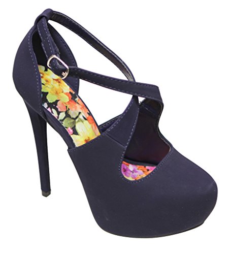 Qupid Sassy-07 Women's round toe high heel buckle upper crossing straps Nubuck pumps