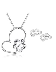 14K Italian White Gold Diamond Cut Heart Flower Cherry Blossom Necklace (16") and Earrings Jewelry Set, Women Girl Jewelry in Gift Box