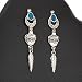 Earring, lead-safe, turquoise (stabilized) and silver-plated pewter, blue and silver, 63x12mm oval, Indian pot and feather dangle and surgical steel earstuds