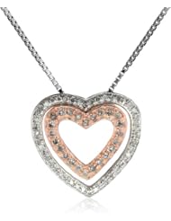 Sterling Silver with Pink Gold Plated 1/3cttw Diamond Double Heart Pendant Necklace, 18"