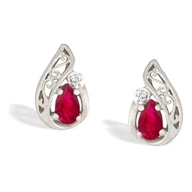 14K White Gold Genuine Pear Ruby and Diamond Filligree Earrings