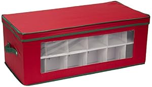 Household Essentials Holiday Ornament Storage Chest for 36-Piece, Red with Green Trim