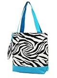 Cute! Zebra Print Tote Bag Purse Turquoise Blue Trim