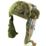 New Faux Fur Plaid Trooper Trapper Pilot Ski Hat Medium Large Turquoise Blue