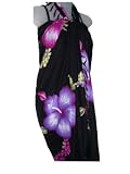 HAWAIIAN BLACK LONG SARONG W/ PURPLE LARGE HIBISCUS
