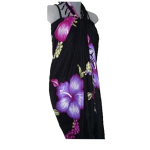 HAWAIIAN BLACK SARONG W  PURPLE LARGE HIBISCUS