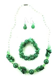 Glass Bead & Rhinestone Necklace, Bracelet, & Earring Set - Green Glass Bead ...
