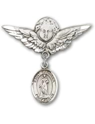 Sterling Silver Baby Badge with St. Barbara Charm and Angel with Wings Badge Pin
