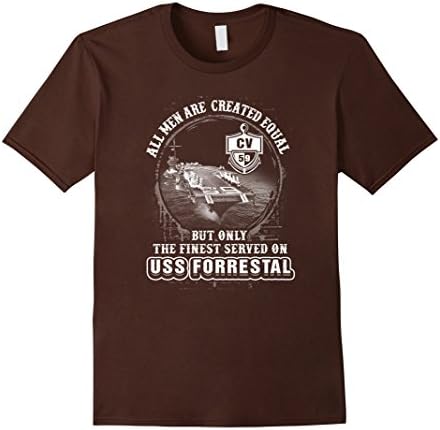 Men's USS Forrestal (CV-59) T-shirt , All men are created equal bu Small Brown
