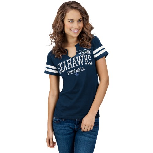 NFL Women's Seattle Seahawks Go For Two Short Sleeve Split Crew Neck Tee (Traditional Navy/White, Small)
