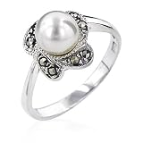 Sterling Silver Flower Marcasite Pearl Ring