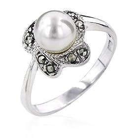 Sterling Silver Flower Marcasite Pearl Ring by Netaya